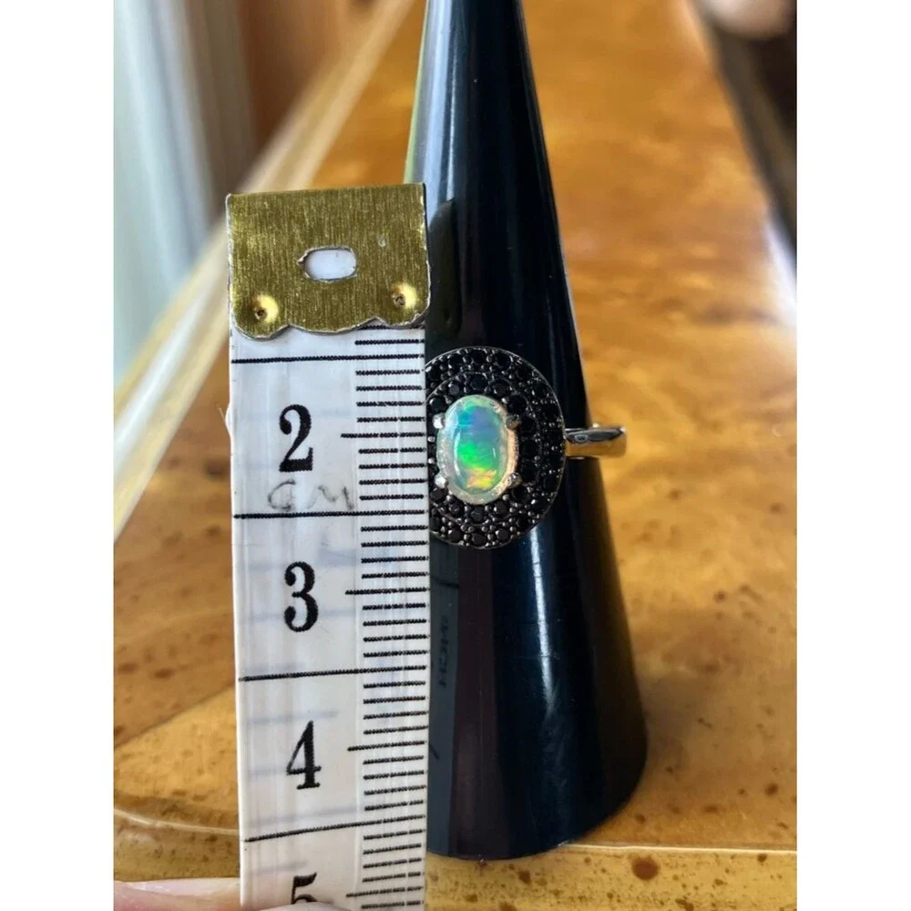 Natural Ethiopian Opal Black Spinel Sterling Silver Ring Size 6.75